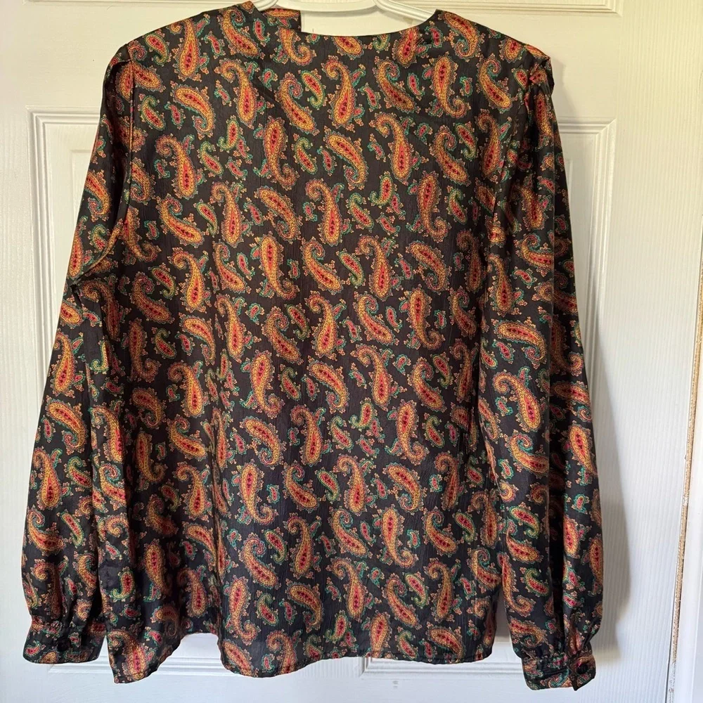 Vintage 90s Paisley Blouse Womens Size‎ 10 Black Long Sleeve Boho EUC